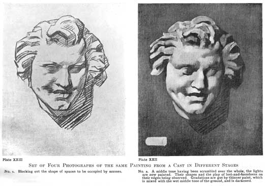 Plate XXIII. SET OF FOUR PHOTOGRAPHS OF THE SAME PAINTING FROM A CAST IN DIFFERENT STAGES No. 1. Blocking out the shape of spaces to be occupied by masses. No. 2. A middle tone having been scumbled over the whole, the lights are now painted. Their shapes and the play of lost-and-foundness on their edges being observed. Gradations are got by thinner paint, which is mixed with the wet middle tone of the ground, and is darkened.