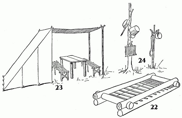 Dining-tent, handy racks, and log bedstead.