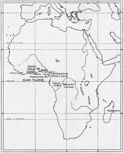 MAP OF AFRICA—WITH ONLY CACAO-PRODUCING AREAS MARKED.