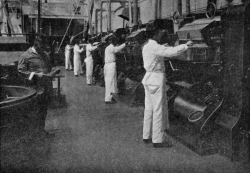 GRINDING CACAO NIB AND SUGAR.
(Messrs. Cadbury Bros., Bournville).