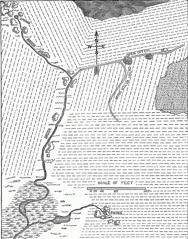 Illustration: Fig. 4 - MAP OF LAND, WITH SWAMPS, ROCKS, SPRINGS AND TREES. INTENDED TO REPRESENT A FIELD OF TEN ACRES BEFORE DRAINING.