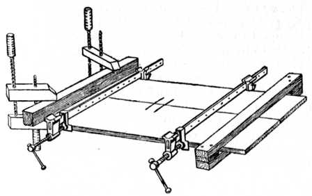 Fig. 27.—Cramping Glued Joints:  Handscrews and
Batten shown at left; temporary Batten at right to
keep the wood flat.