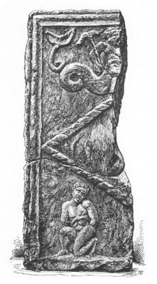 Roman sculptured stone found at Arniebog, Cumbernauld, Dumbartonshire,
showing a naked Briton as a captive