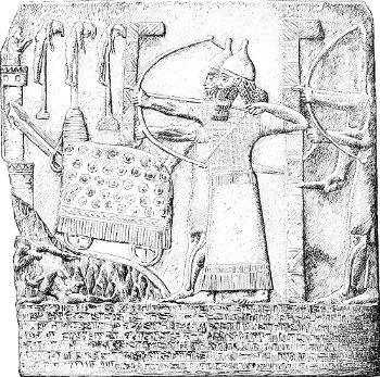 Fig. 26.—Bas-relief of Tiglath Pileser II.; from Nimroud.
British Museum. Height 44 inches. Drawn by Saint-Elme Gautier.