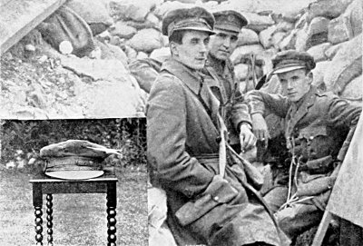 IN THE TRENCHES AT THE FAMOUS AND DEADLY HOHENZOLLERN REDOUBT, AFTER A GERMAN ATTACK.
SHORTLY AFTER THIS WAS TAKEN I WAS SHOT THROUGH MY SERVICE CAP BY A GERMAN SNIPER