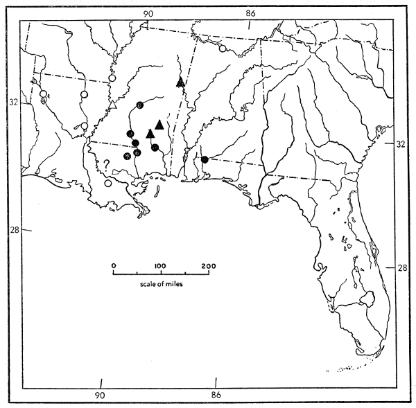 Fig. 1. Map of southeastern United States showing record stations of Trionyx
muticus calvatus (solid symbols) and Trionyx m. muticus (open symbols).
Circles indicate specimens examined; triangles indicate records in the literature.
The question mark refers to a specimen bearing catalogue number 17236 in
the collection of Tulane University (see comments on page 524 concerning
No. 17236 from the Amite River).