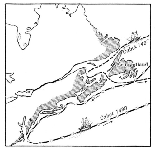 Cabot's Route. Land discovered by him darkened.