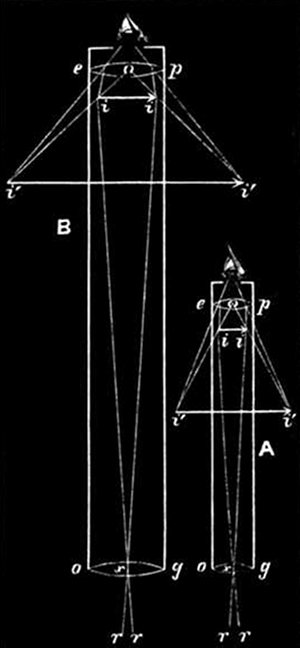 Fig. 18.

Skeletons of telescopes.

A, A one-foot telescope with
a three-inch eye-piece. B, A
two-foot telescope with a three-inch
eye-piece. e, p, Eye-piece.
o, g, Object-glass. r, r, Rays
which enter the telescopes and
crossing at x form an image
at i, i, which is magnified by
the lens e, p. The angles r, x, r
and i, x, i are the same. In
A the angle i, o, i is four times
greater than that of i, x, i. In
B it is eight times greater.