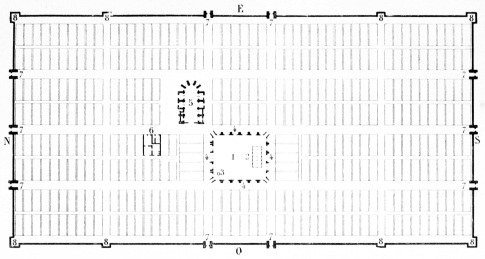 Plan gnral de la bastide de Montapzier (Dordogne).—E,
est; S, sud; O, ouest; N, nord.—1. Place du march; 2. Halle ou Htel
de Ville; 3. Puits; 4. Rues couvertes; 5. glise paroissiale; 6. Maison
dite du chapitre; 7. Portes monumentales; 8. Tours de l'enceinte.