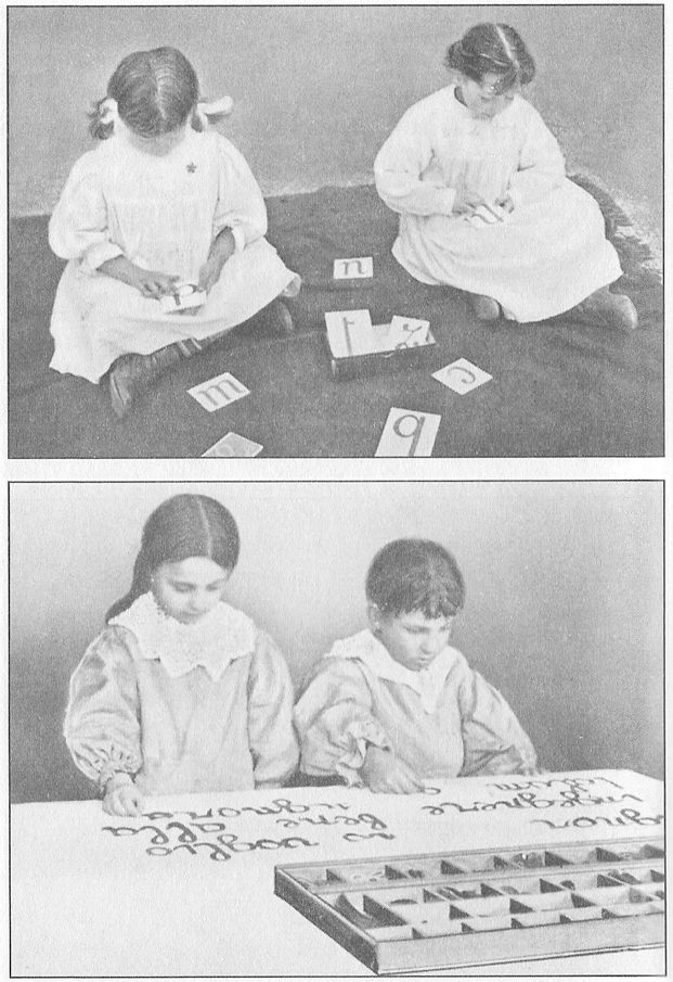 (A) CHILDREN TOUCHING LETTERS. The child on the left has acquired lightness
and delicacy of touch by very thorough preparatory exercises. The one on the right has
not had so much training. (B) MAKING WORDS WITH CARDBOARD SCRIPT.