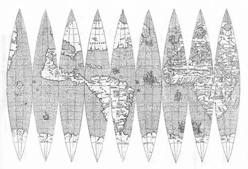 Terrestrial
Globe of Robertas de Bailly, 1530. Nine of twelve gores exhibiting the
map.