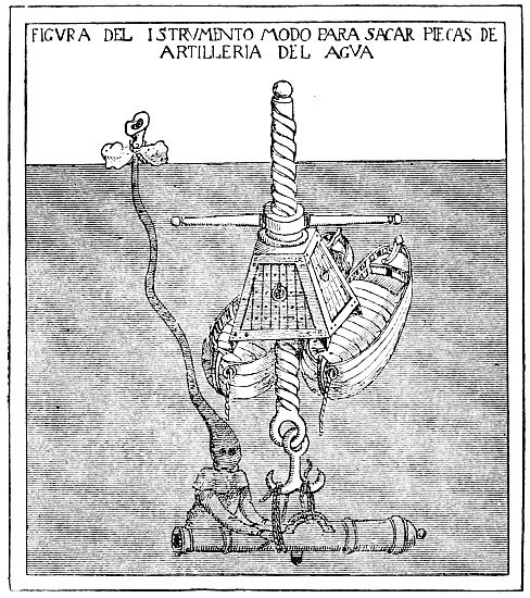 diagram of diver going after old gun old gun, diver has leather mask or bag reaching to the surface for air