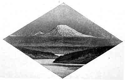 Snow-capped mountain, dark sky; river winding through lower elevations, diamond-shaped frame.