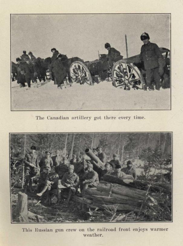 The Canadian artillery got there every time. This Russian gun crew on the railroad front enjoys warmer weather.