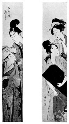 CHOKI: A COURTESAN AND HER LOVER.
CHOKI: A GEISHA AND HER SERVANT CARRYING LUTE-BOX.