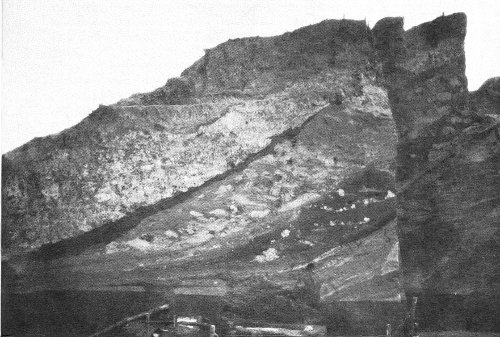 Cross section, east slope of Funeral Mound, Ocmulgee National Monument. Arrangement of construction elements confused by erosion and wash from top and side of successive mound stages.