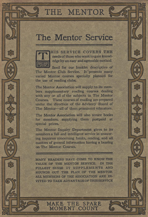 Back cover page: The Mentor Service