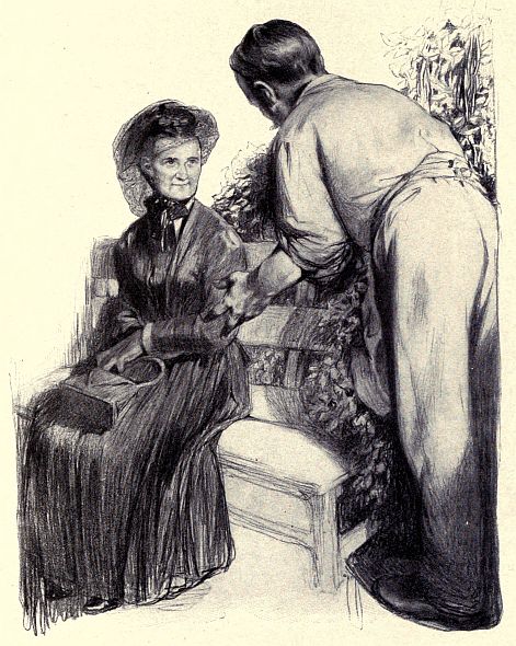 Man bowing bevore older lady on garden bench