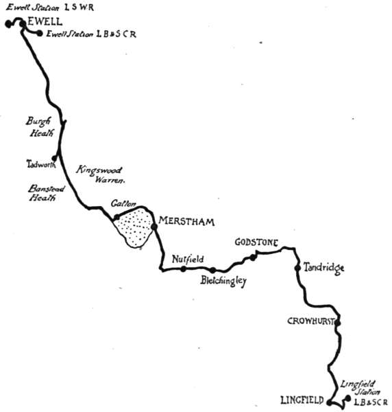 Map—Ewell Station to Lingfield Station