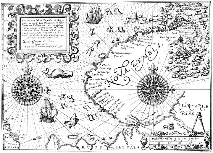 Caerte van Nova Zembla, de Weygats, de custe van Tartarien en Ruslandt tot Kilduyn toe, met anwijsinge van de weeder vaert lancx de Noortcust van Nova Zembla, en de overvaert omtrent de Weygats na Ruslandt tot de hoeck van Candenos en de mont van de Witte Zee.