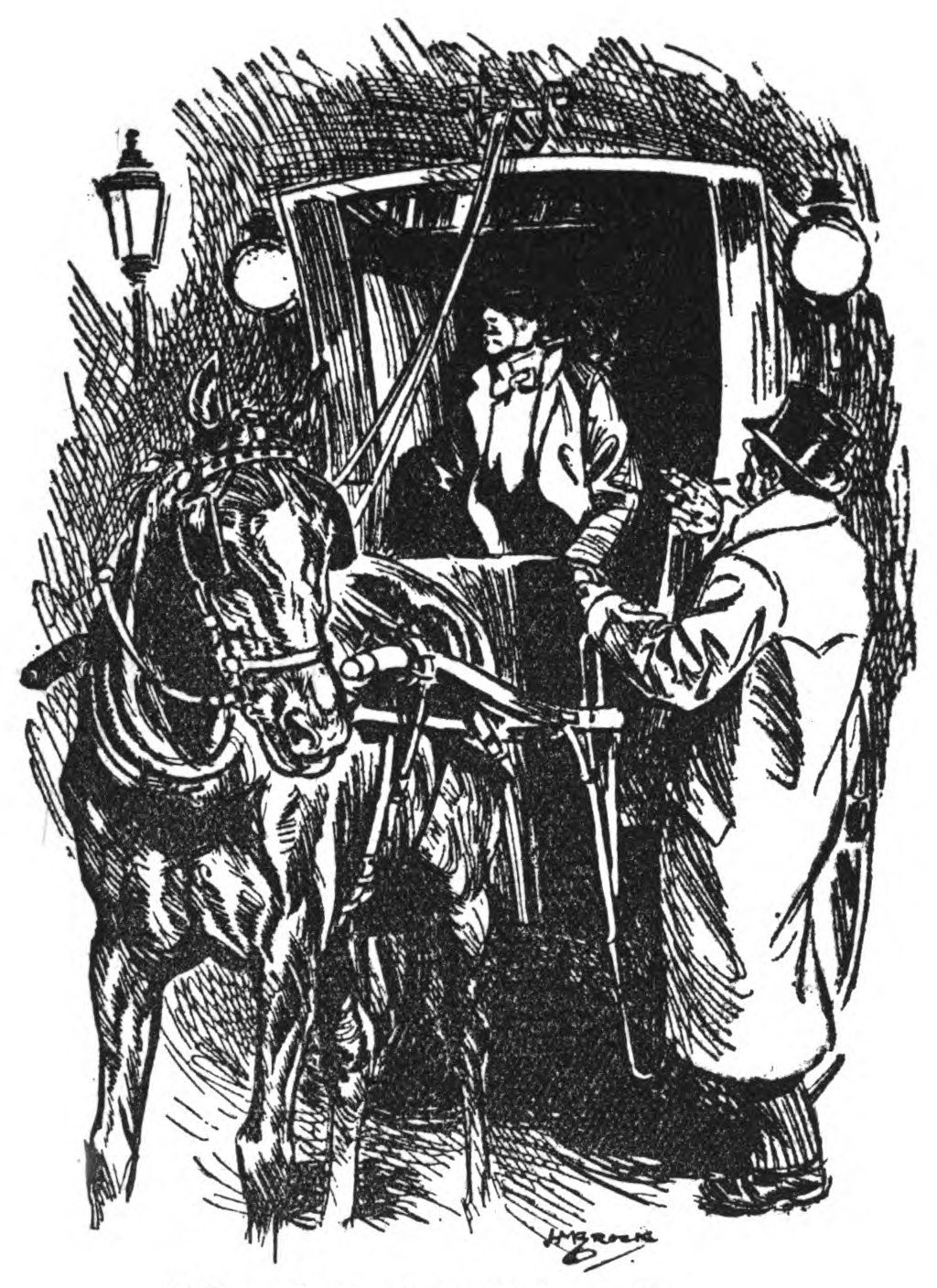 A horse-drawn hansom cab 
    at night-time. In the shadowy interior of the cab sits a man in
    evening dress, leaning against the side of the cab as if dozing.
    Another man stands beside the cab, tentatively reaching in.