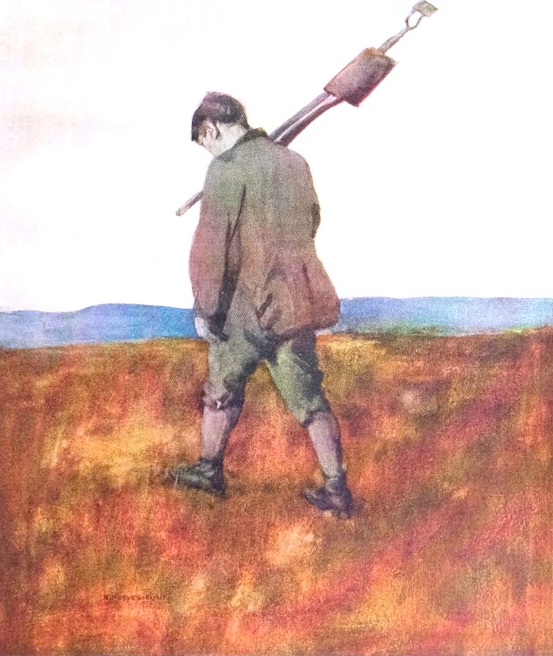 Laborer walking home across an open landscape without trees